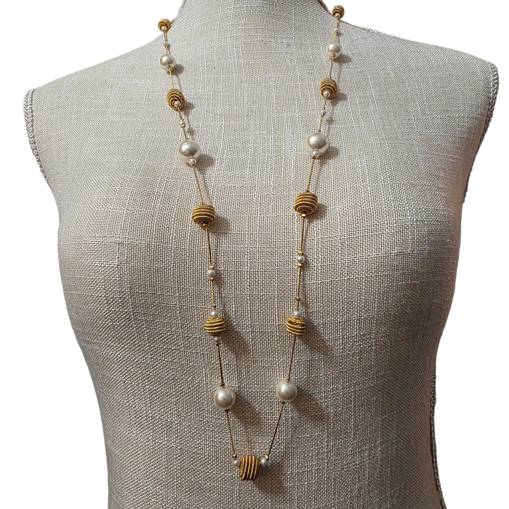 Gold Tone Long Necklace Faux Pearl Accent Beaded Spiral Beads
